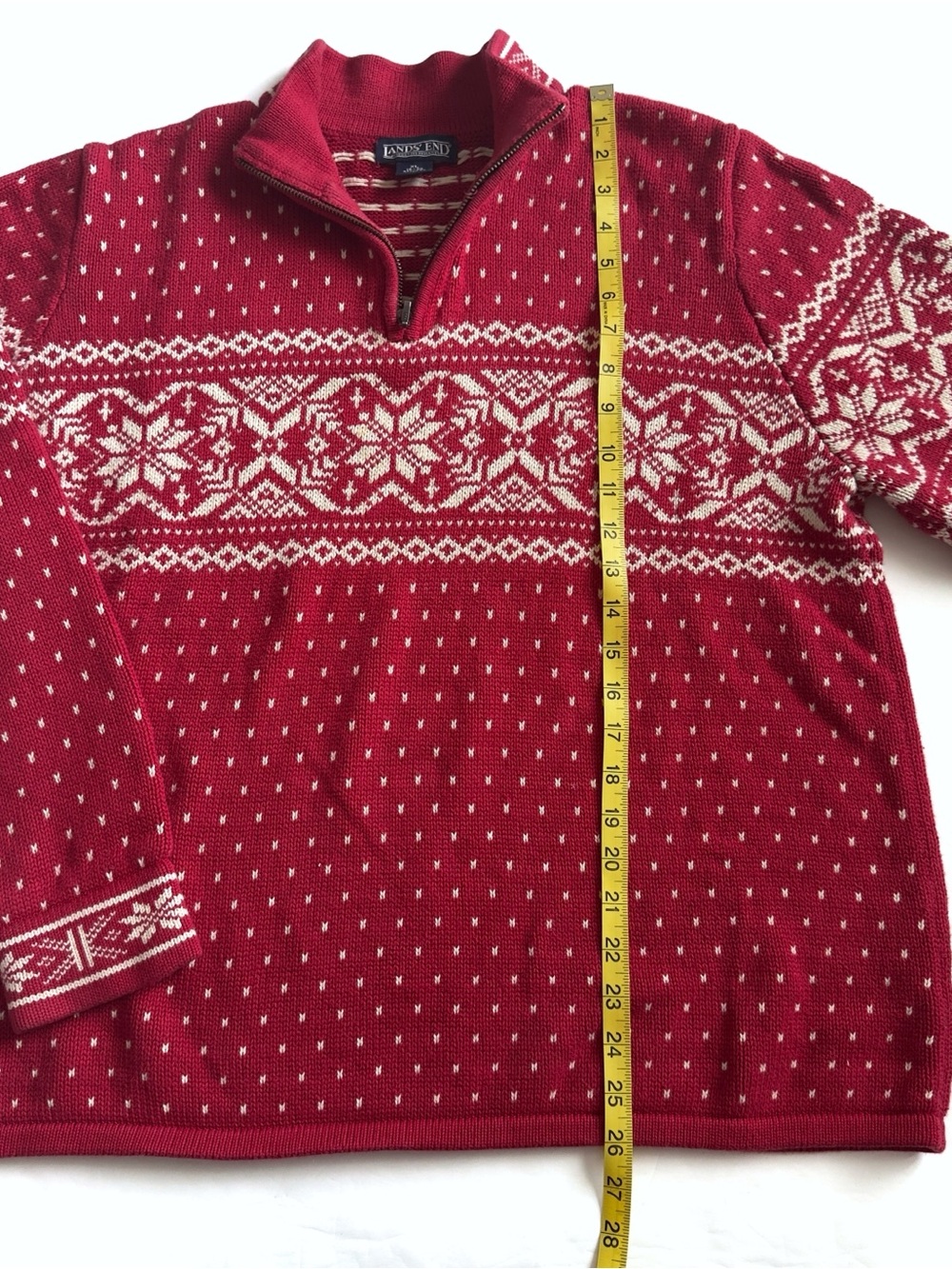 Vintage Lands End Nordic Ski Sweater Womens XL Red 1/4 Zip Snowflakes Fair Isle - Picture 7 of 11